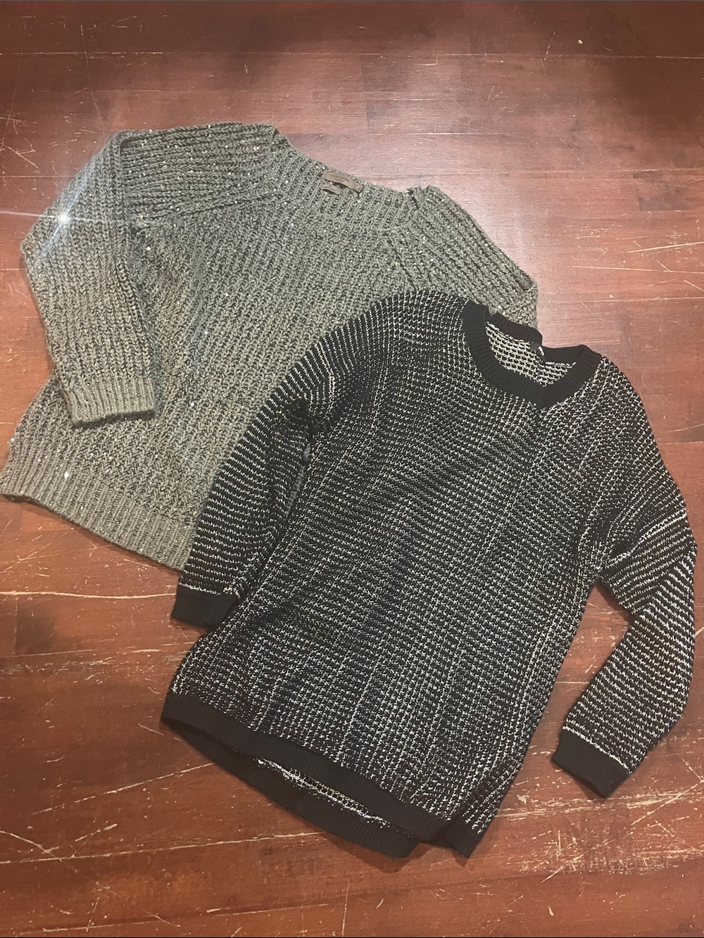Glitter Lover’s Bundle Women's Mixed-Knit Crewneck Sweaters- Black and Gray